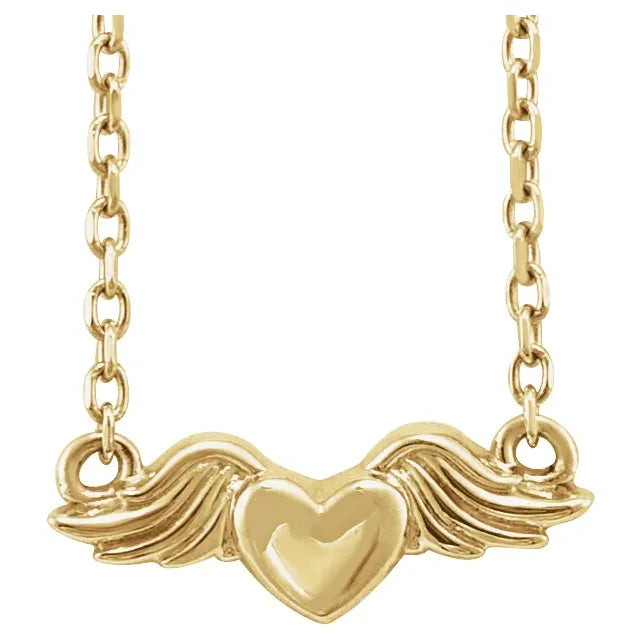 14K Yellow Gold Heart with Angel Wings 18" Necklace