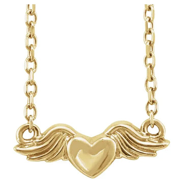 14K Yellow Gold Heart with Angel Wings 18" Necklace