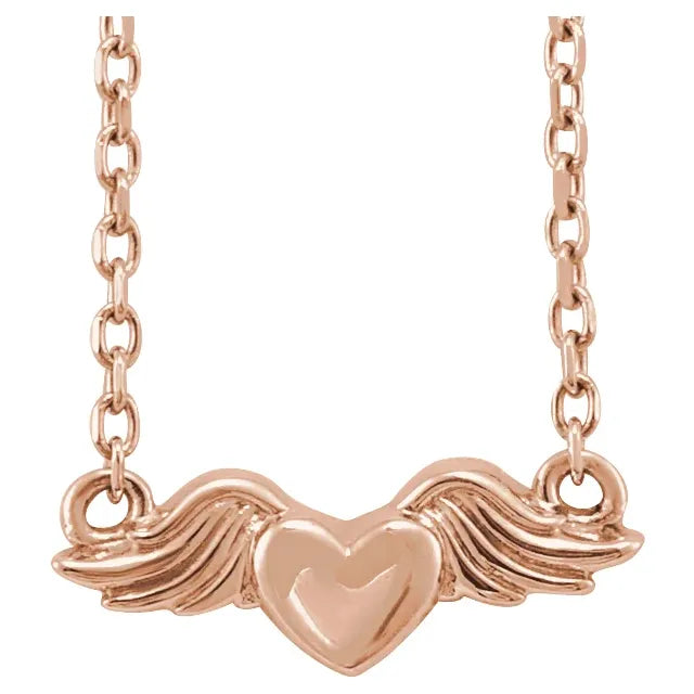 14K Rose Gold Heart with Angel Wings 18" Necklace