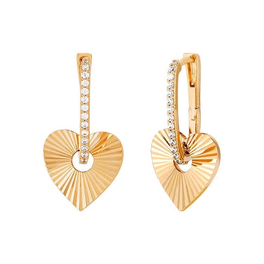 14K Yellow Gold CZ-Set Heart Drop Hoop Earrings