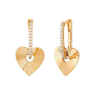 14K Yellow Gold CZ-Set Heart Drop Hoop Earrings