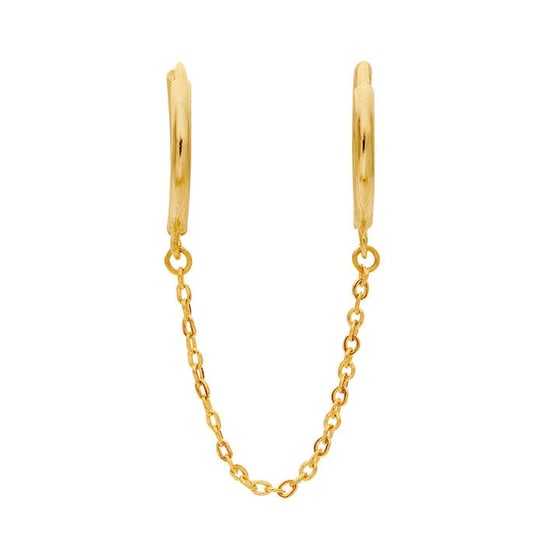 14K Yellow Gold Double Huggie Earrings with Chain