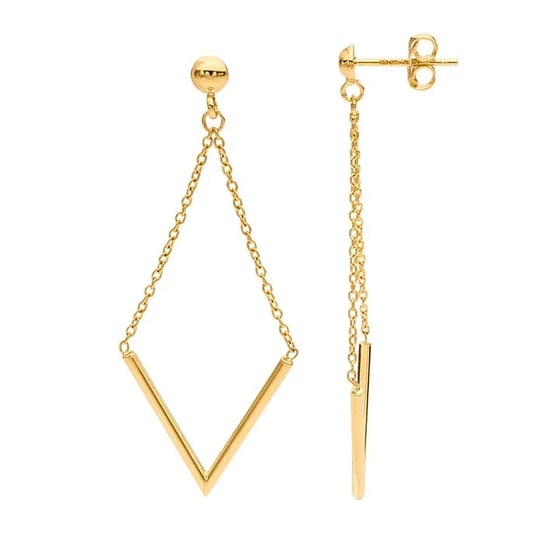 14K Yellow Gold Half-Ball Post Earrings with V Chain Dangle