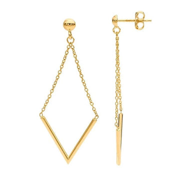 14K Yellow Gold Half-Ball Post Earrings with V Chain Dangle