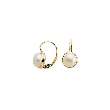14K Yellow Gold Lever-Back Ear Wire White Freshwater Button Pearl