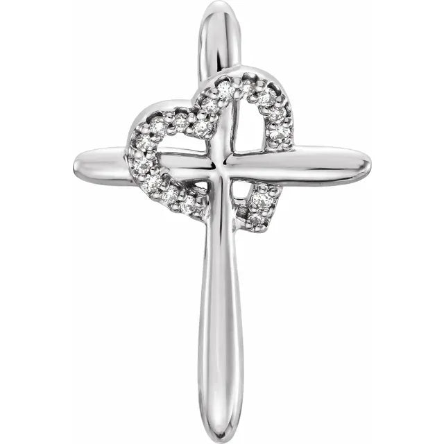 Sterling Silver 04 CTW Natural Diamond Heart & Cross Pendant