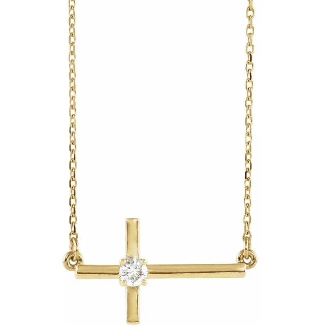 14K Yellow Gold Natural Diamond Sideways Cross 16-18" Necklace