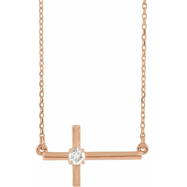 14K Rose Gold Natural Diamond Sideways Cross 16-18" Necklace