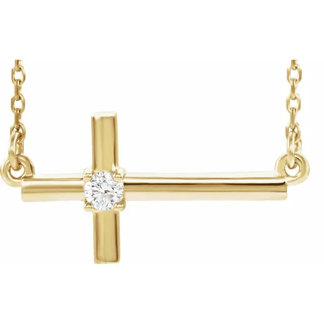 14K Yellow Gold Natural Diamond Sideways Cross 16-18" Necklace