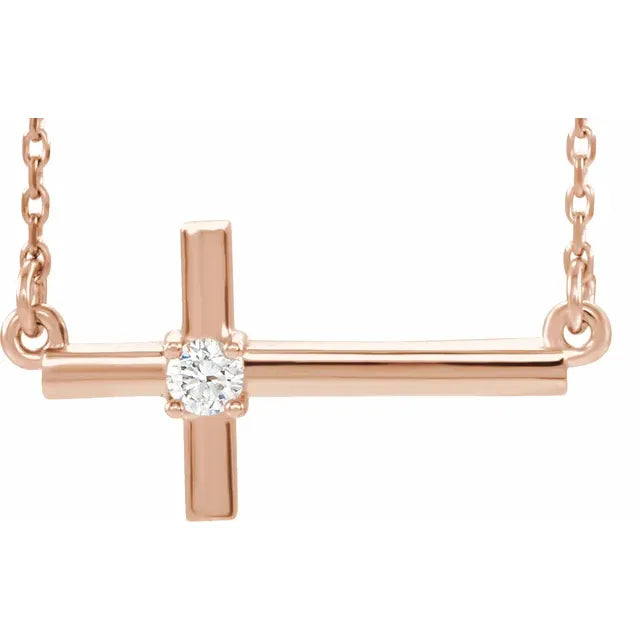 14K Rose Gold Natural Diamond Sideways Cross 16-18" Necklace