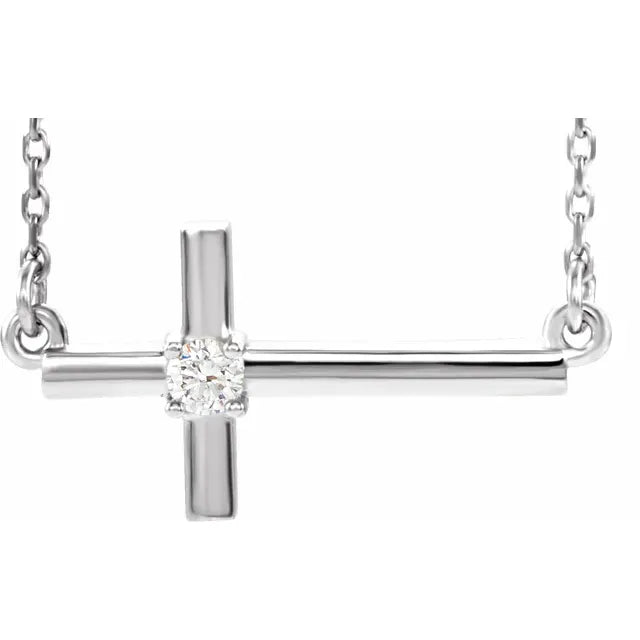 14K White Gold Natural Diamond Sideways Cross 16-18" Necklace