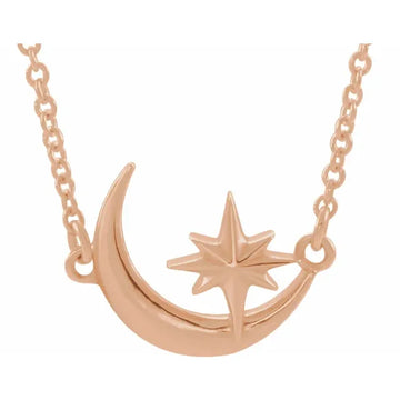 14K Rose Gold Crescent Moon & Star 16-18" Necklace