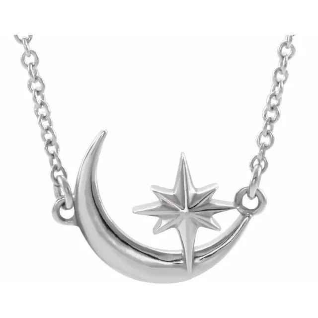 14K White Gold Crescent Moon & Star 16-18" Necklace
