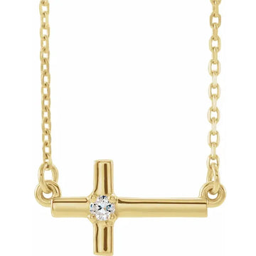 14K Yellow Gold Natural Diamond Sideways Cross 16-18" Necklace