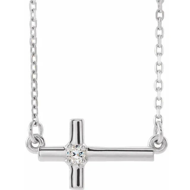 14K White Gold Natural Diamond Sideways Cross 16-18" Necklace