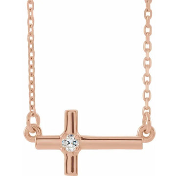 14K Rose Gold Natural Diamond Sideways Cross 16-18" Necklace