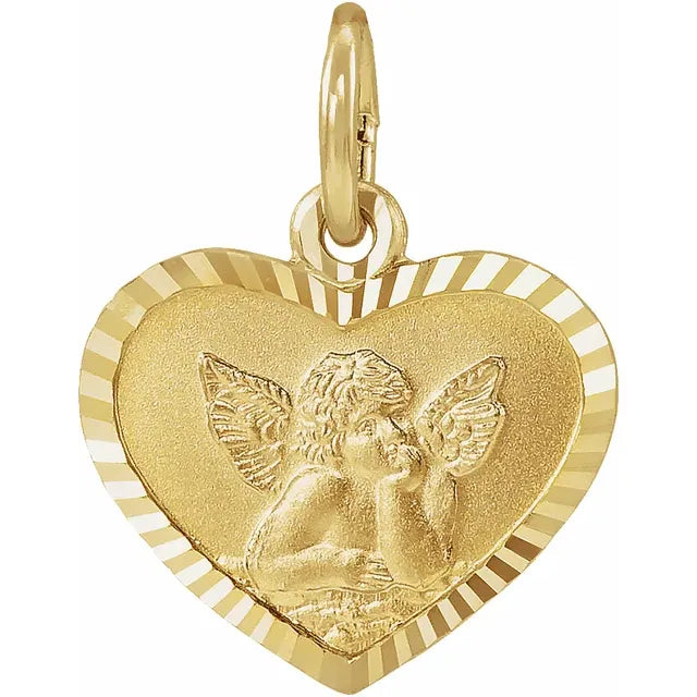 14K Yellow Gold Heart 12 x 9 mm Cherub Angel Medal