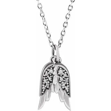 Sterling Silver.03 CTW Natural Diamond Angel Wings 16-18" Necklace