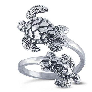 Sterling Silver Sea Turtles Bypass Ring, Adjustable