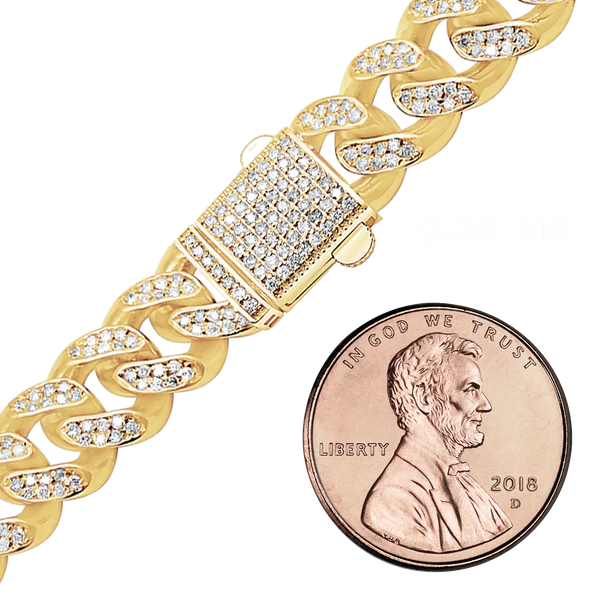 Handmade Semi-Solid Cuban Curb Bracelet with Diamonds in 14K Yellow Gold