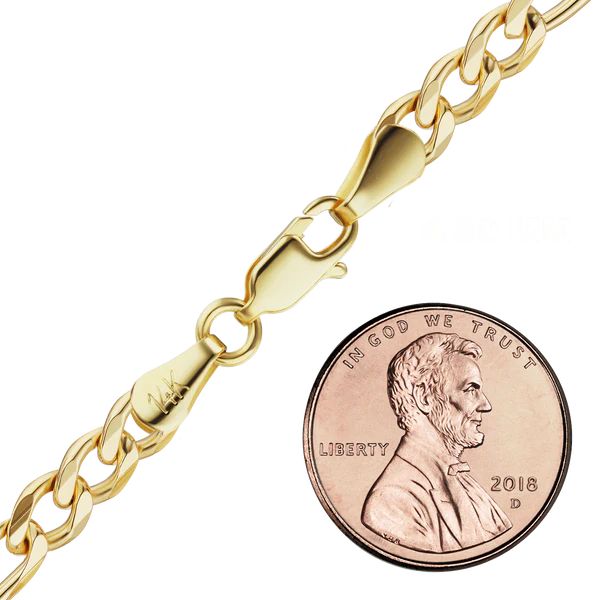 Classic Figaro Semi-Solid Bracelet in 14K Yellow Gold (1.80 mm - 6.60 mm)